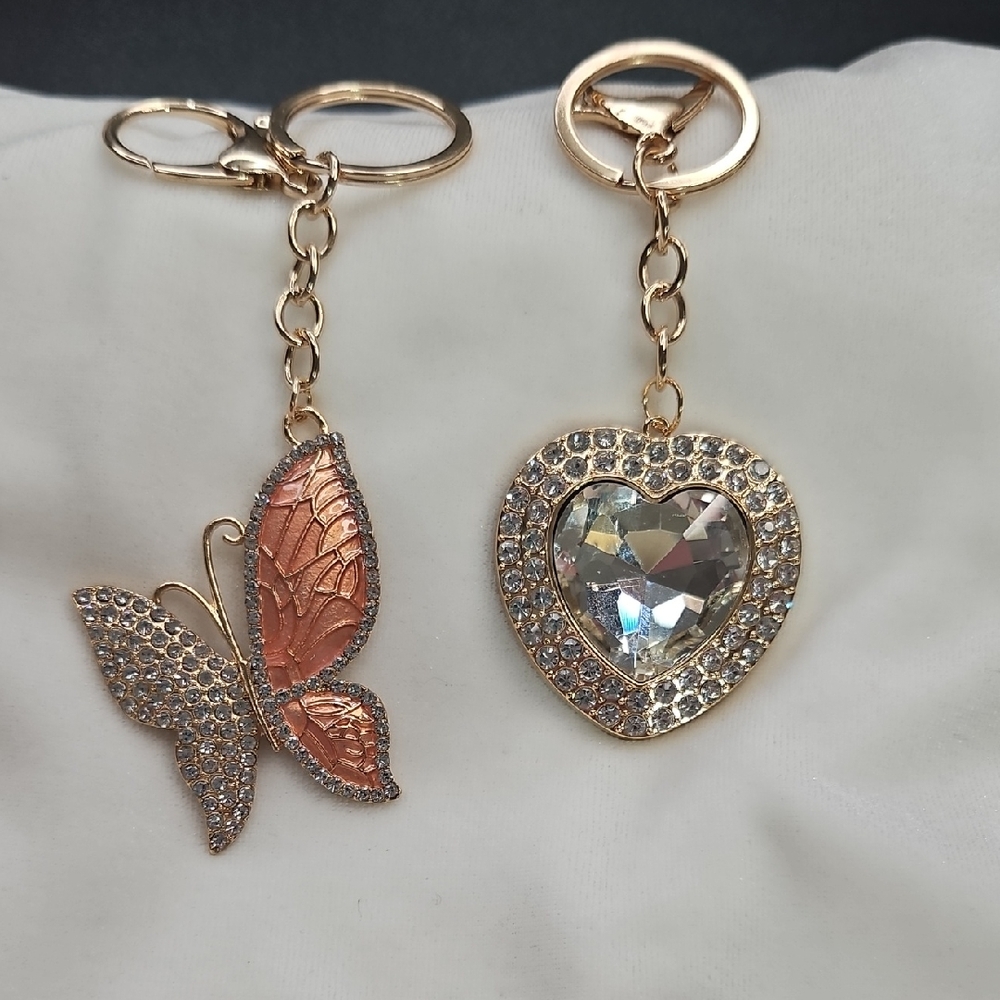 Set of 2 Keychains Bag Charms Clear Crystal Heart Peach Rhinestone Butterfly New